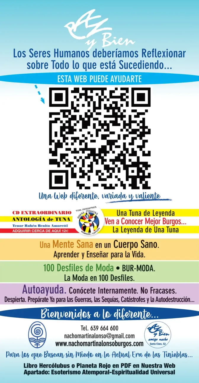 Volante con texto en español, código QR y logos, promocionando recursos de autoayuda y espirituales.
