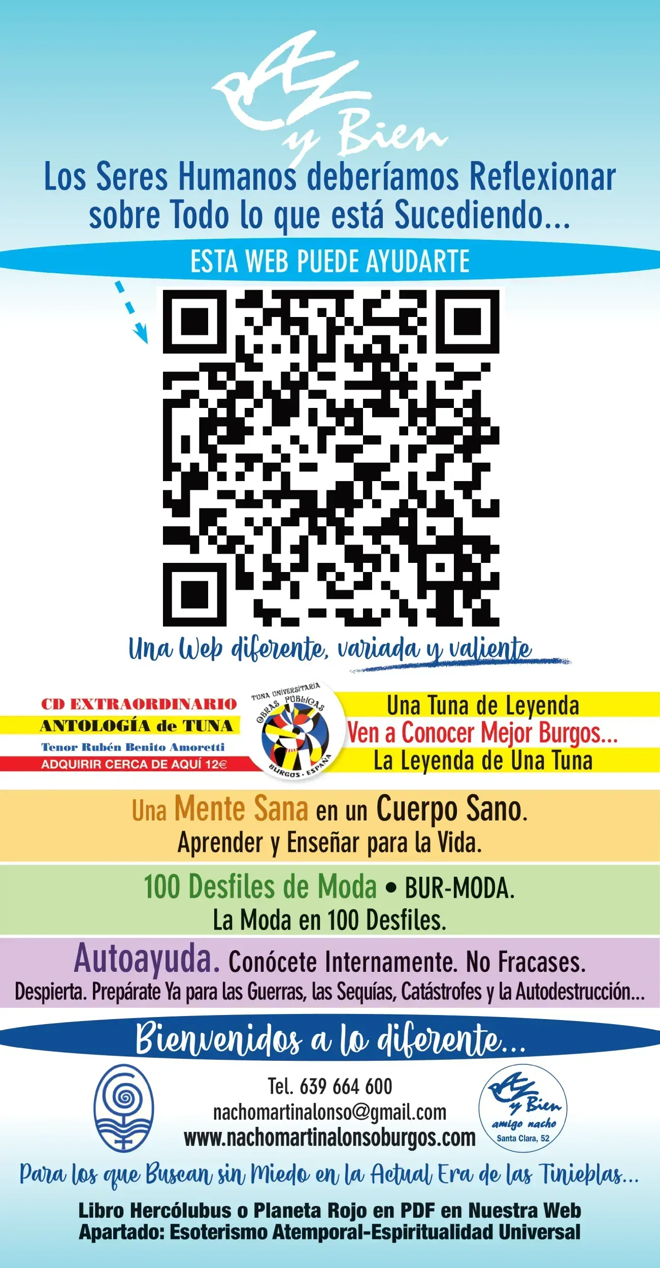 Banner vertical con código QR, texto en español sobre reflexión y paz, datos de contacto para orientación espiritual.
