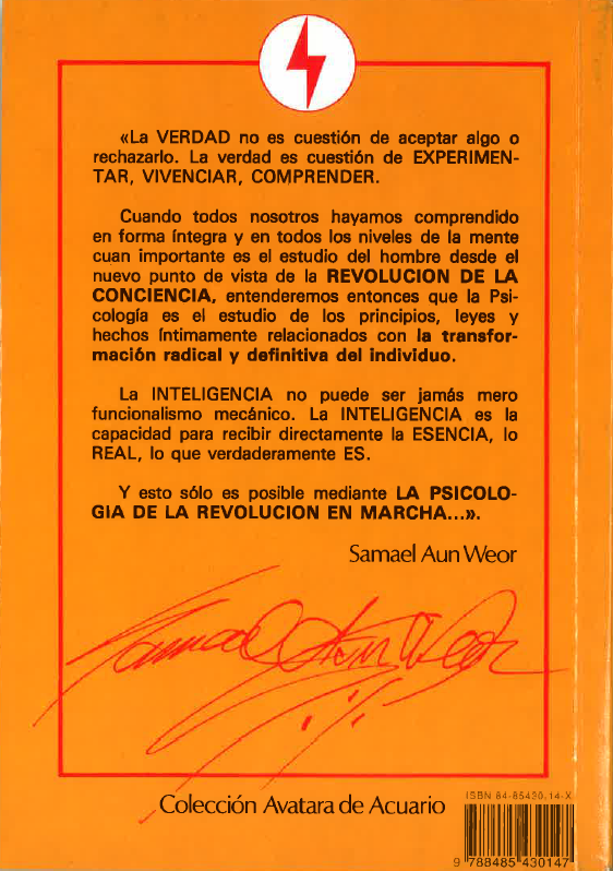 Contraportada de libro con fondo naranja y texto blanco, firmada por Samael Aun Weor.