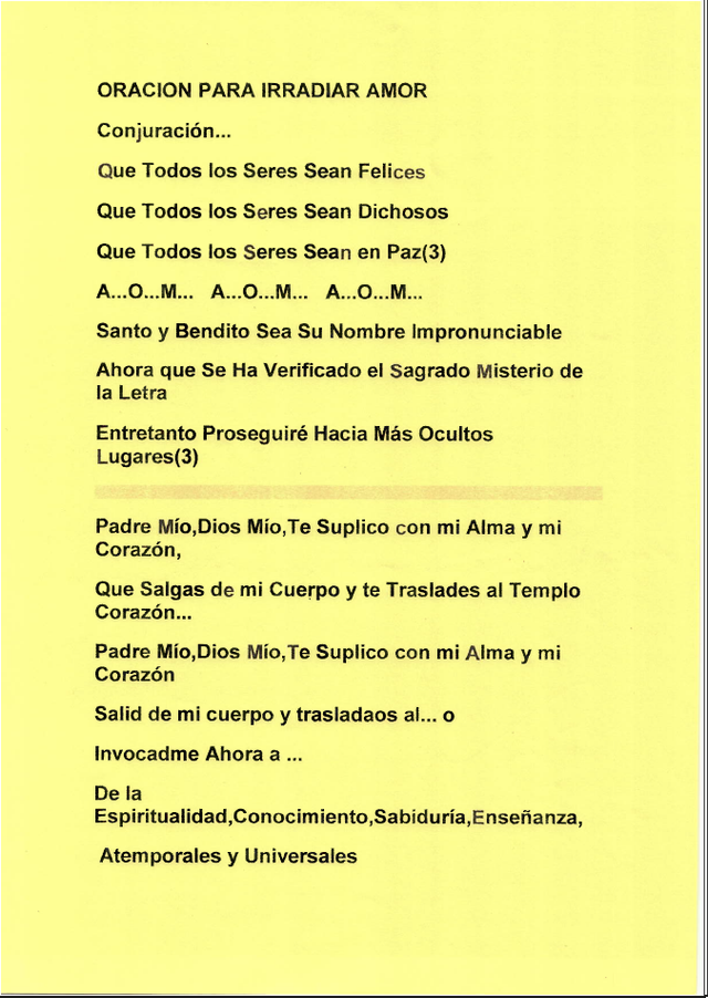 Papel amarillo con oración en español. Incluye texto sobre el amor, la conjuración y la búsqueda de ayuda divina.