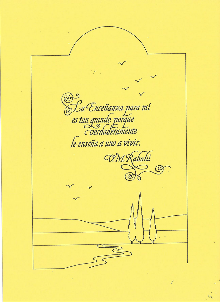 Cita caligráfica sobre papel amarillo con ilustración de paisaje y pájaros.