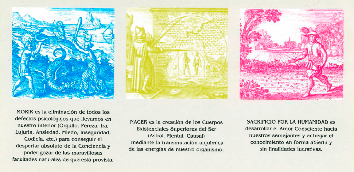 Tres ilustraciones en cian, amarillo y rosa, cada una representando una escena con texto debajo que las describe.