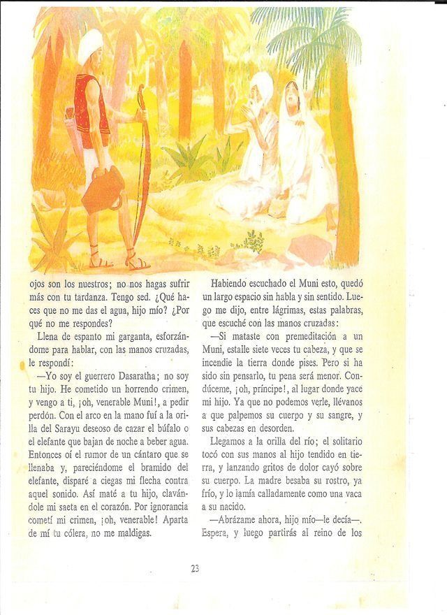 Ilustración: Un hombre con chaleco rojo sostiene un arco y una flecha. Dos figuras con velo están sentadas cerca, con árboles al fondo.