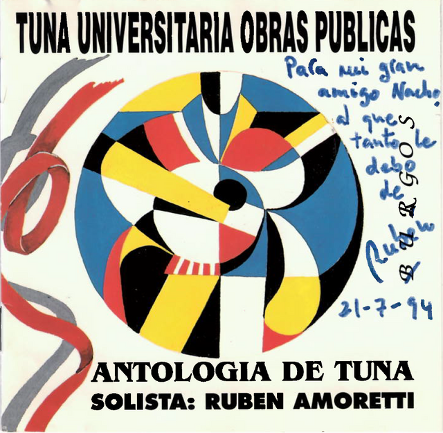 Portada del álbum con arte abstracto, formas en azul, rojo y amarillo. Textos 