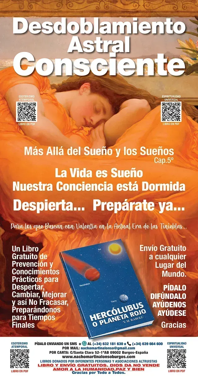 Anuncio de proyección astral consciente. Una mujer duerme, portada visible, texto en español.
