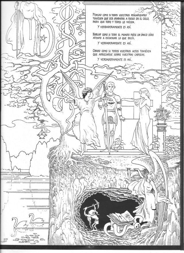 Ilustración en blanco y negro de figuras en un entorno místico. Un caballero, hadas, una cueva con figuras y texto en un pergamino.