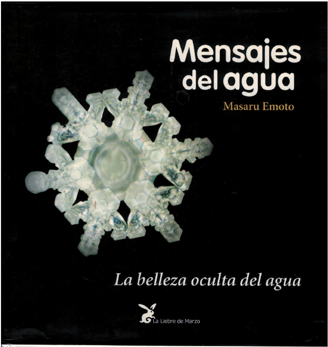 Portada del libro “Mensajes del Agua” con un cristal de copo de nieve y fondo negro.