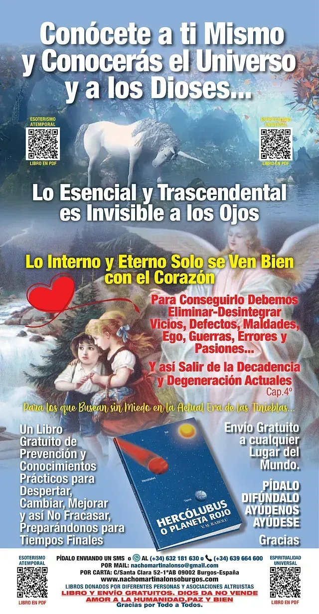 Cartel en español con texto, ilustraciones y código QR, promoviendo el autoconocimiento y temas espirituales.