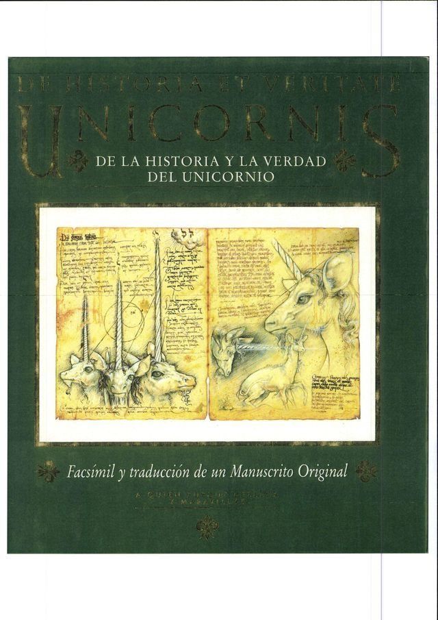 Portada: «Unicornios», fondo verde, ilustraciones antiguas. Título en dorado, texto en español.