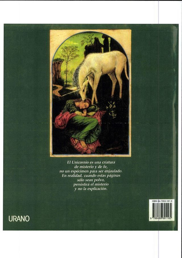 Contraportada: Un unicornio y una mujer dormida, ambientado en un bosque, con texto en español.