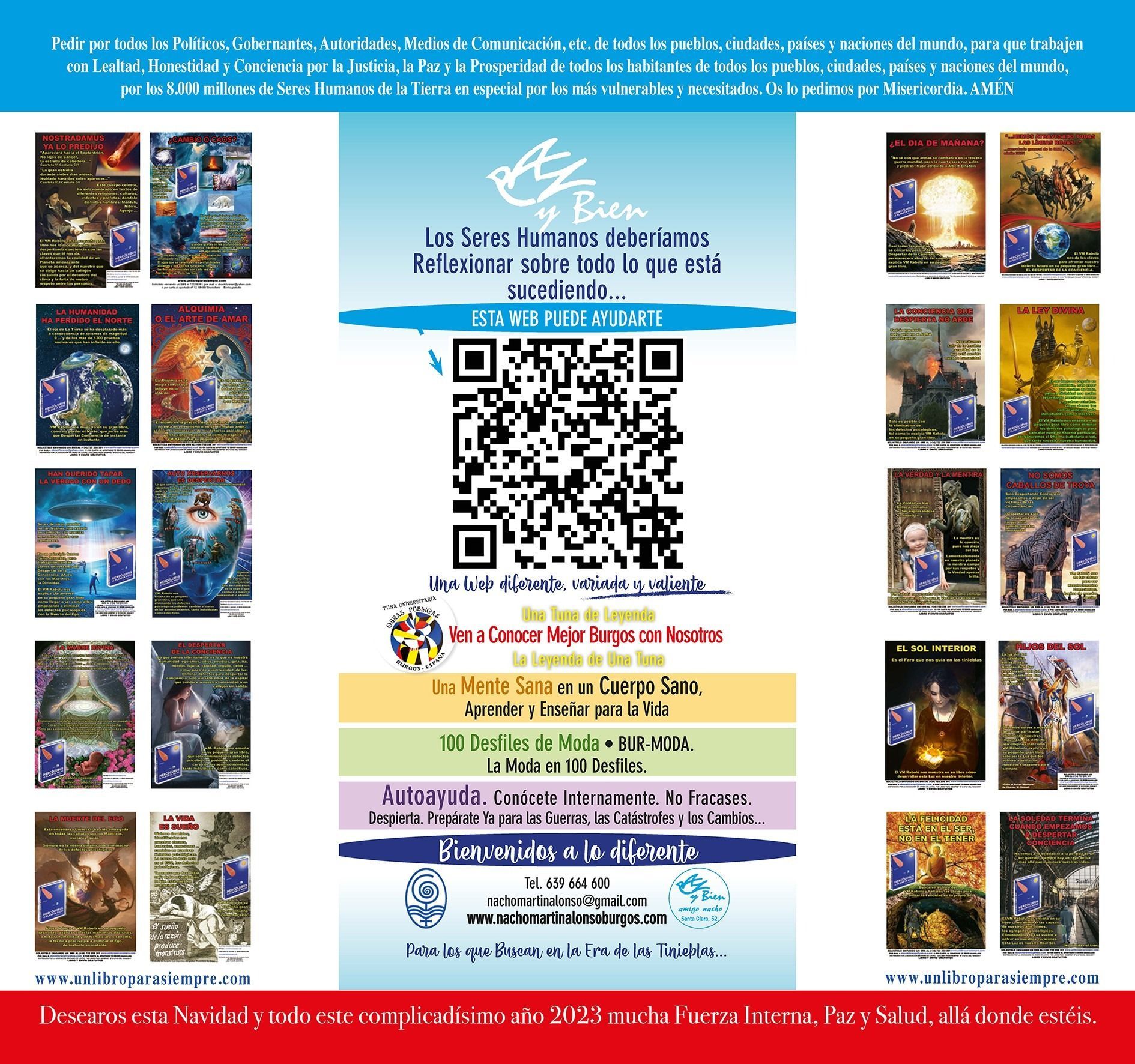 Póster de una librería. Incluye portadas, código QR e información de contacto. Azul y verde.