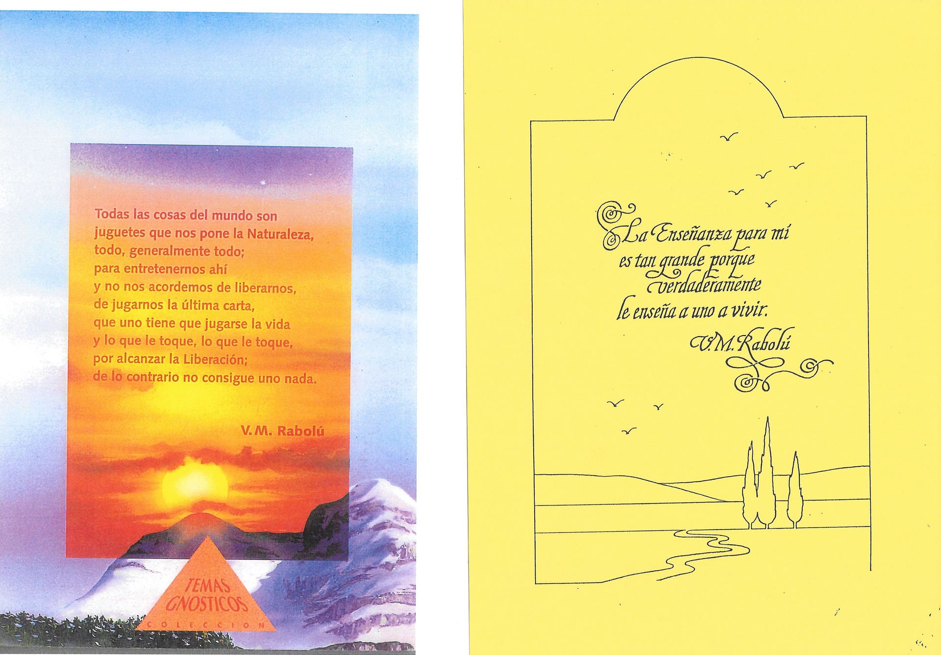 Dos postales: una con una puesta de sol y texto; la otra con escritura a mano en un arco enmarcado.