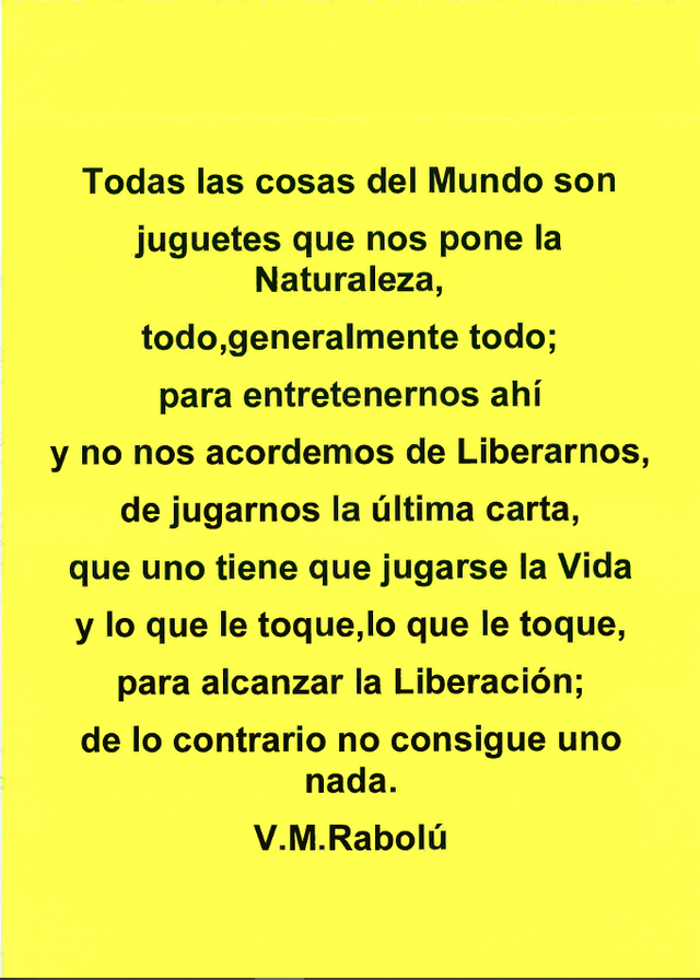 Texto amarillo con una cita sobre la vida y la liberación, atribuida a VM Rabolú, sobre fondo amarillo.