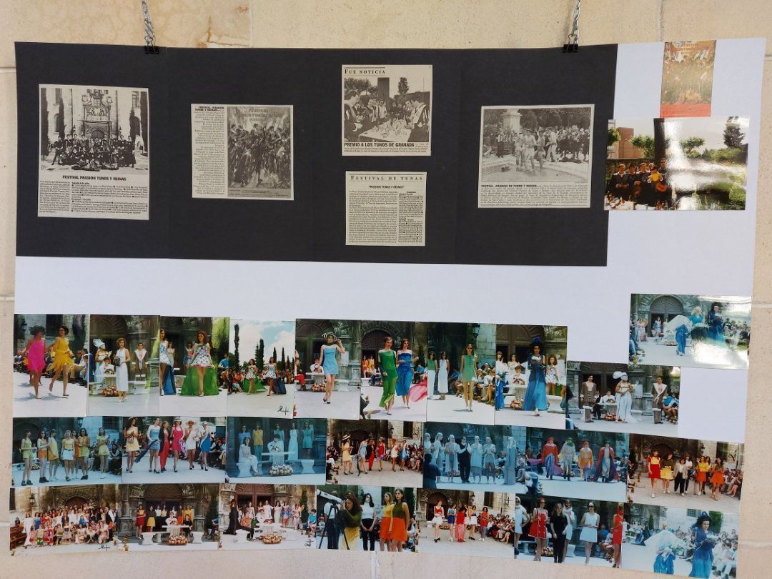 Cartel con fotografías históricas, dibujos y escenas coloridas de festivales; personas disfrazadas, escenario al aire libre.