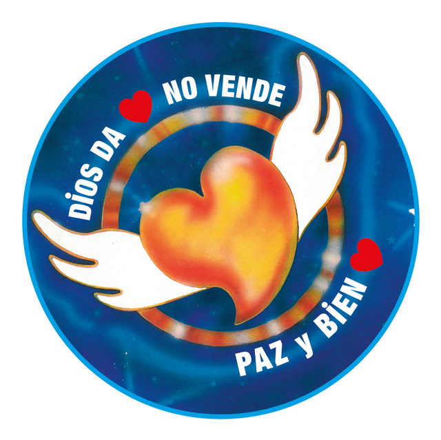 Gráfica circular con corazón alado; texto en español “Dios da paz y bienestar, no vendas”.
