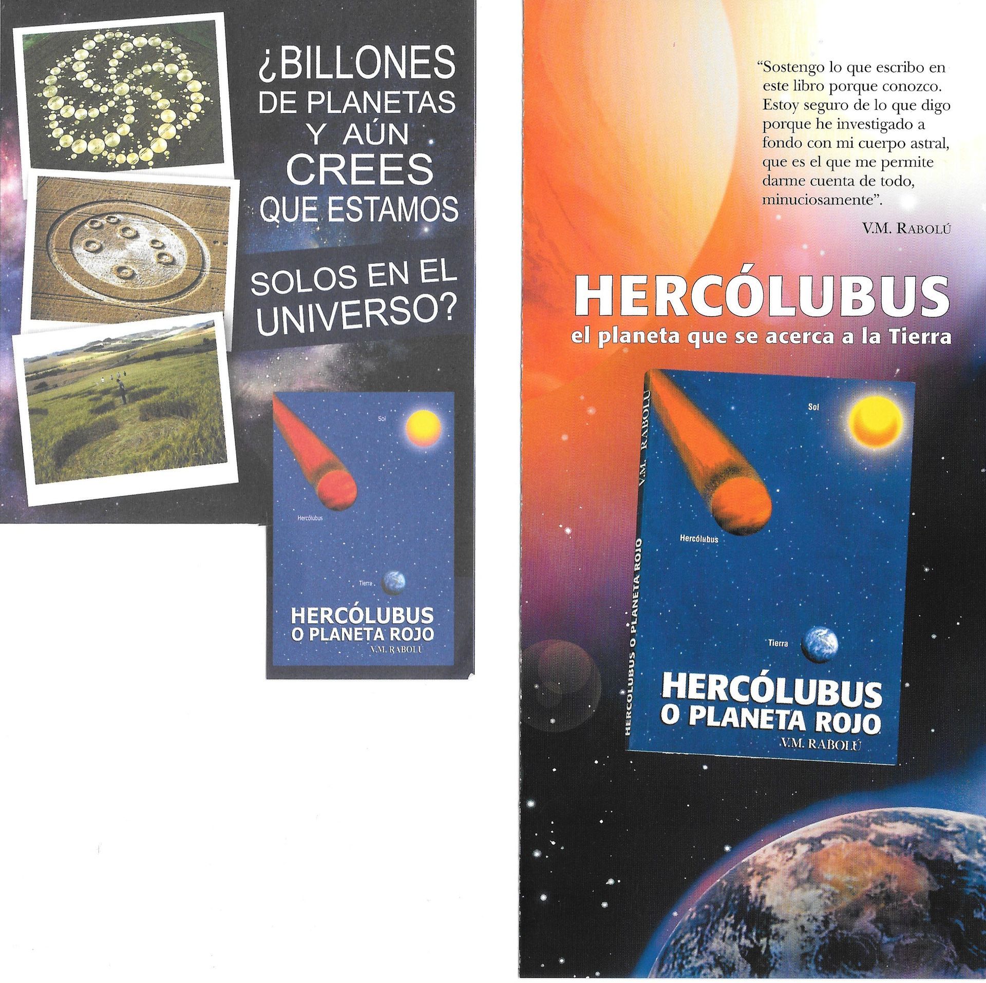 Folleto de dos paneles sobre Hercólubus, un planeta rojo que se acerca a la Tierra. Contiene texto e imágenes espaciales.