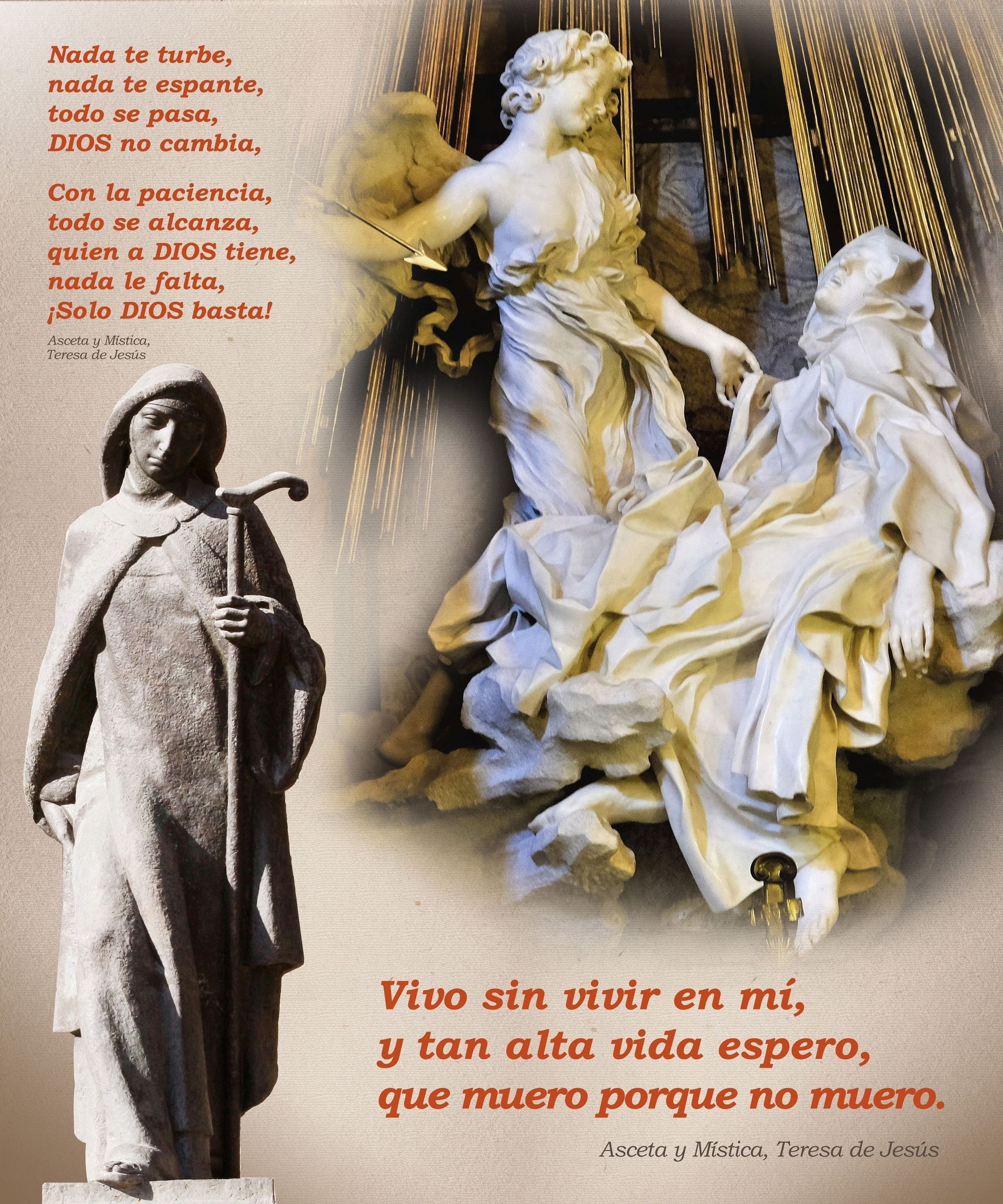 Estatuas de un peregrino y dos mujeres con poesía española superpuesta, promoviendo la fe.