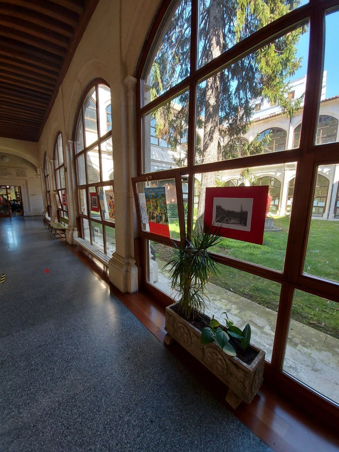 Pasillo con ventanas arqueadas que dan a un patio. Una planta se encuentra en una jardinera; se exhiben obras de arte.