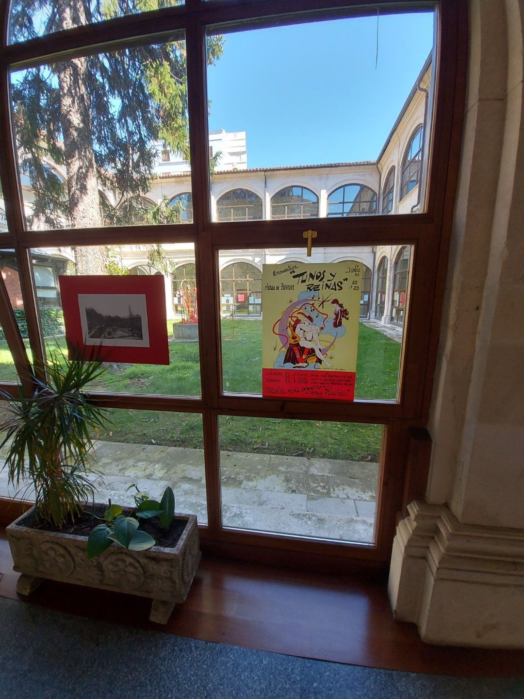 Ventana con carteles que dan a un patio exterior. Planta en el alféizar, marco de madera marrón.