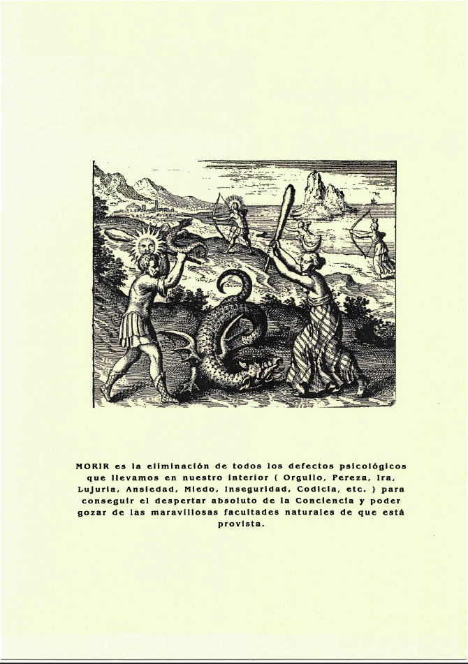 Dos figuras luchan contra una criatura serpenteante en un paisaje. Texto en la parte inferior.