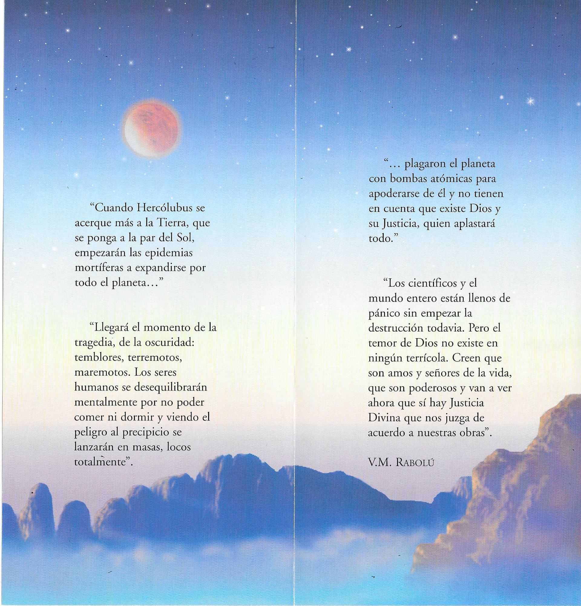 Libro abierto con un paisaje ilustrado y una luna roja. Texto en español en ambas páginas.