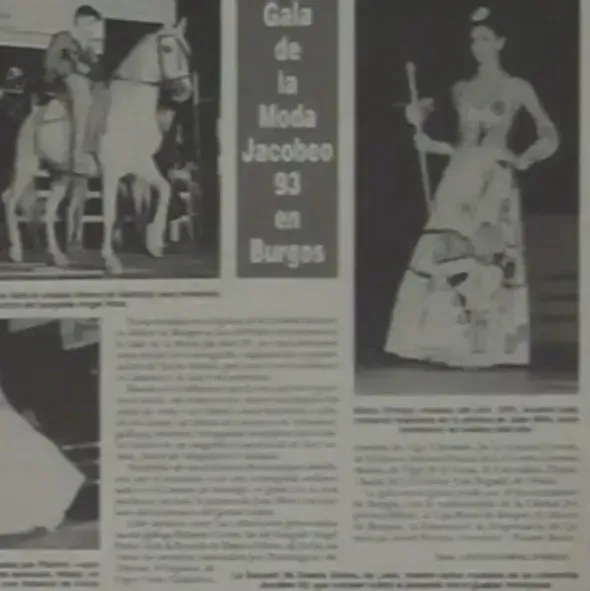 Gala de la Moda Jacobeo '93 en Burgos: Desfile protagonizado por una mujer con vestido y un jinete a caballo.