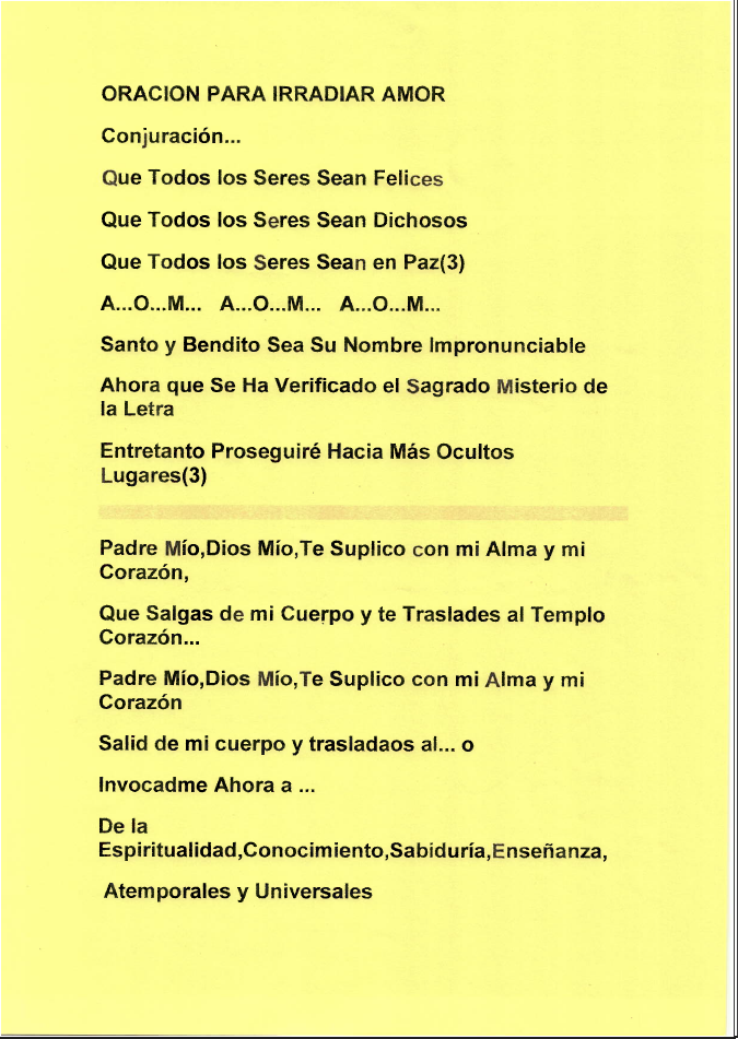Papel amarillo con texto en español. Oración para irradiar amor. Incluye líneas de texto, «Conjuración» y «Padre Mío».