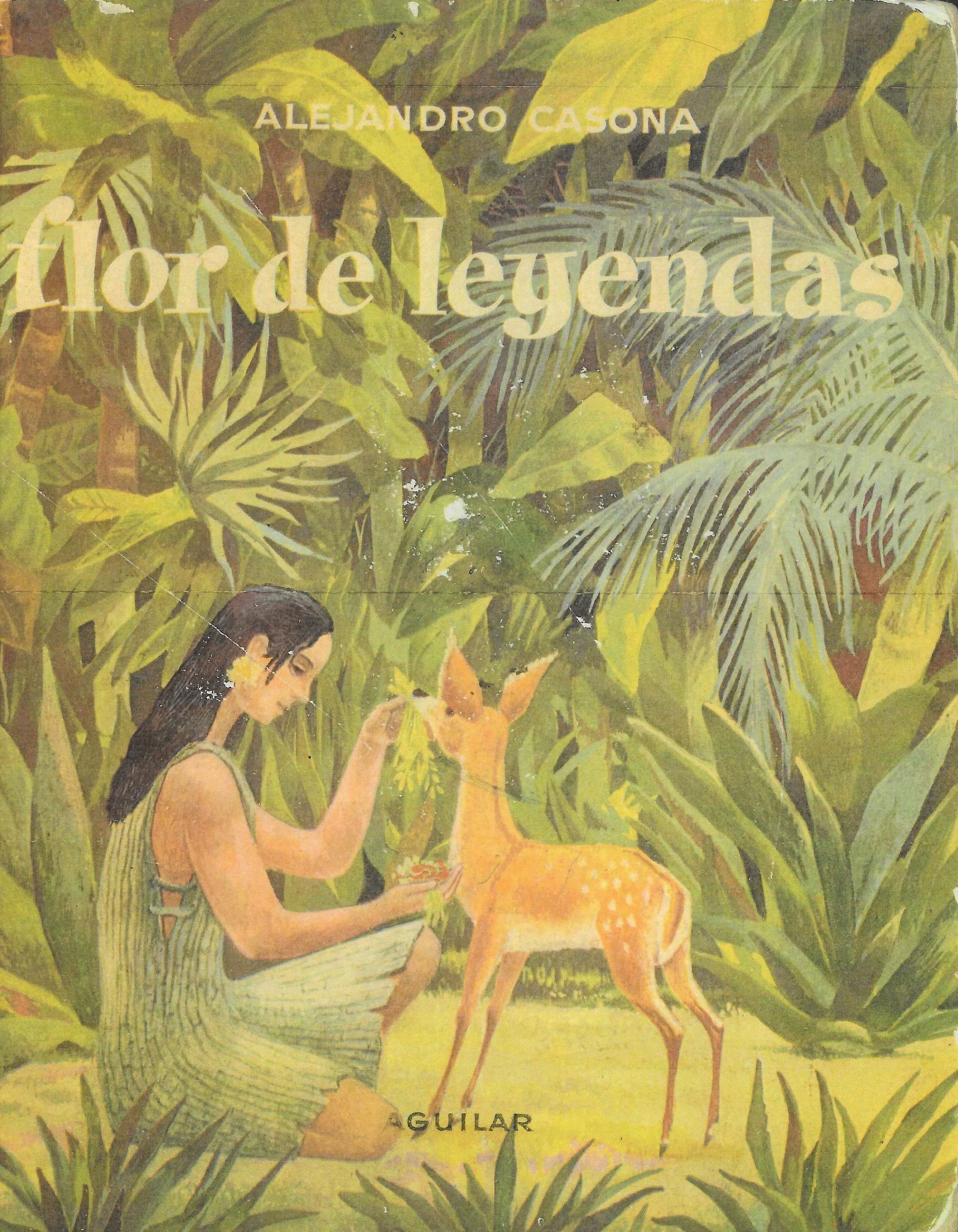 Una mujer joven vestida de verde, ofreciendo una flor a un cervatillo en una exuberante jungla verde.