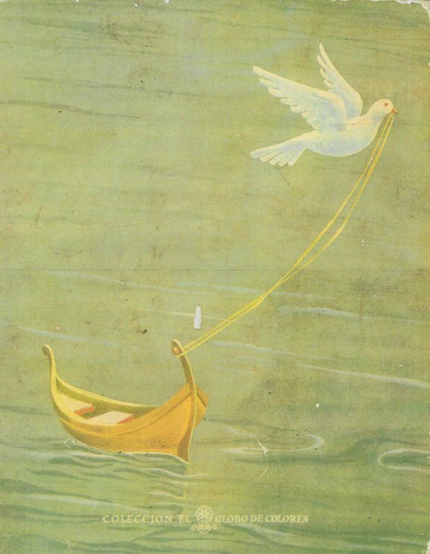 Una paloma blanca arrastra un pequeño barco amarillo a través del agua con una cuerda dorada.