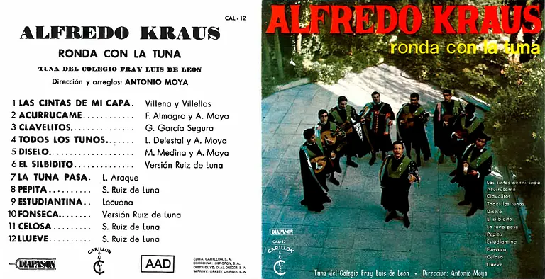 Portada del álbum: Alfredo Kraus con el grupo musical Tuna. Incluye títulos de las canciones y una foto grupal al aire libre.