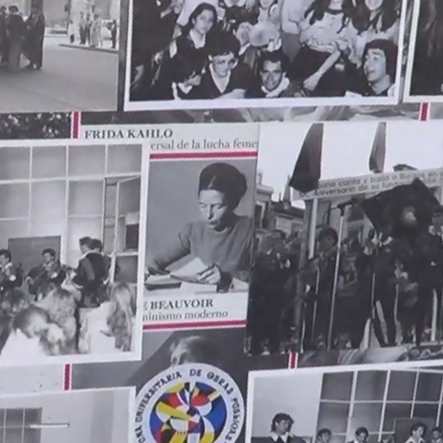 Collage con Frida Kahlo, Simone de Beauvoir e imágenes de protestas y arquitectura. Blanco y negro.
