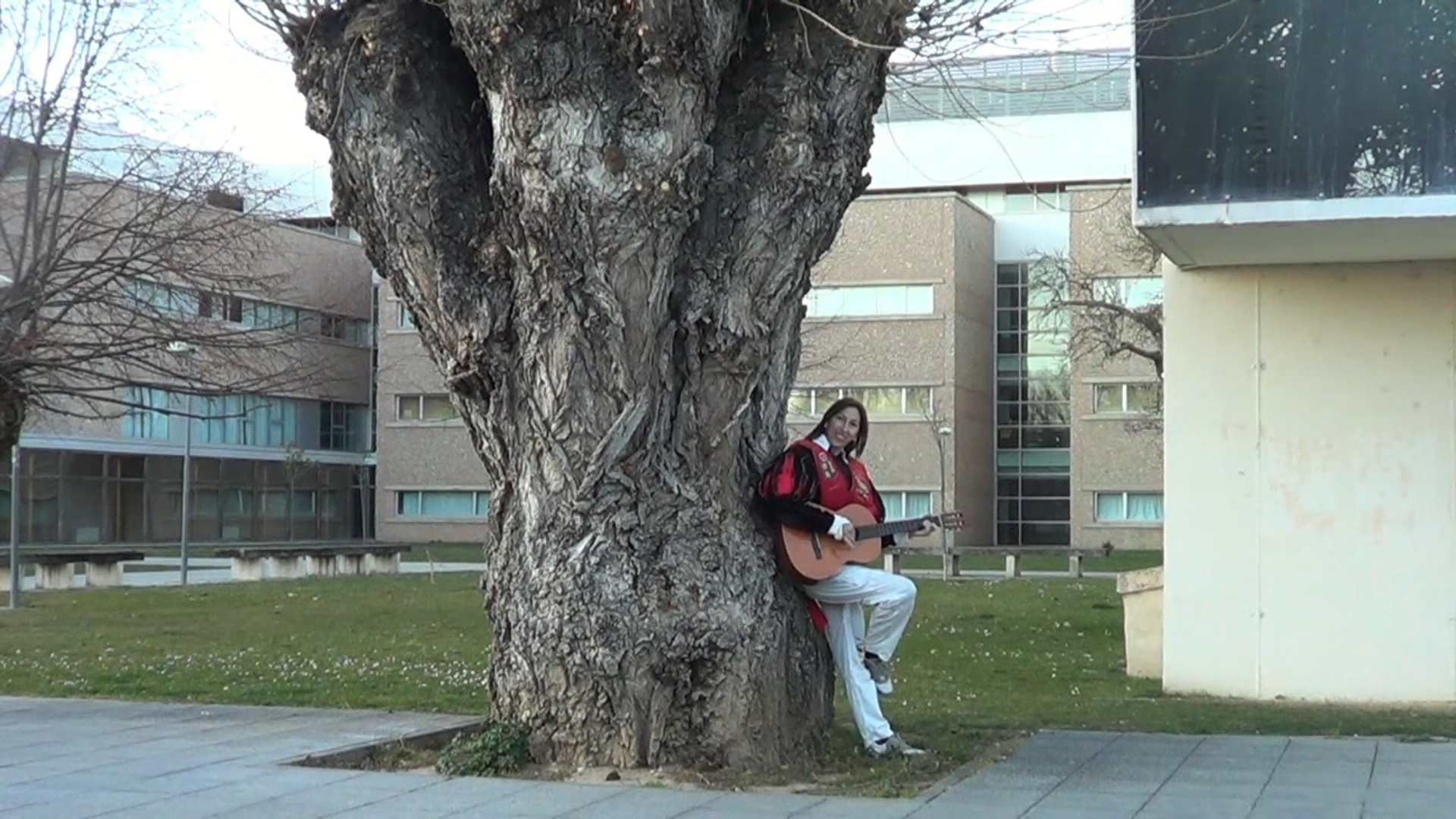 Hombre tocando la guitarra, apoyado contra un gran árbol frente a un edificio, vestido con pantalones blancos y una chaqueta roja.
