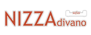 Logotipo del sof&aacute; NIZZA Divano en rojo y gris sobre fondo blanco.