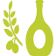 Una botella de aceite de oliva y una rama de aceitunas sobre un fondo blanco.
