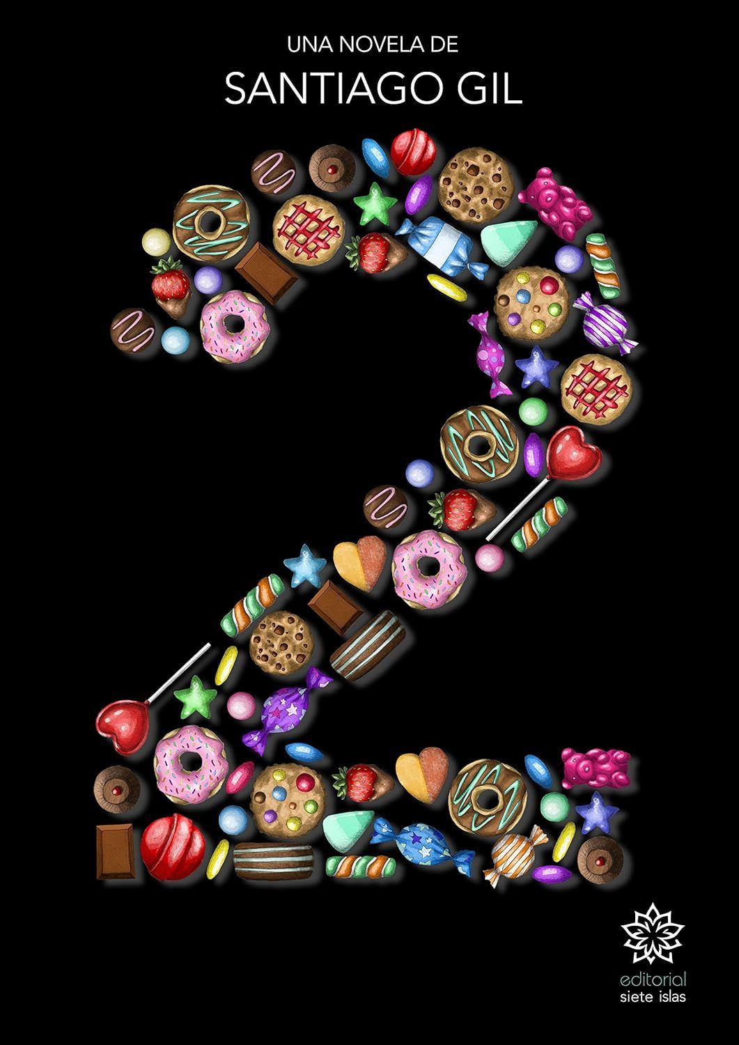 El número 2 está formado por caramelos sobre un fondo negro.