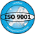 ISO 9001-Siegel mit dem Text „ISO 9001“ in einem blauen Kreis mit Weltkartenhintergrund.