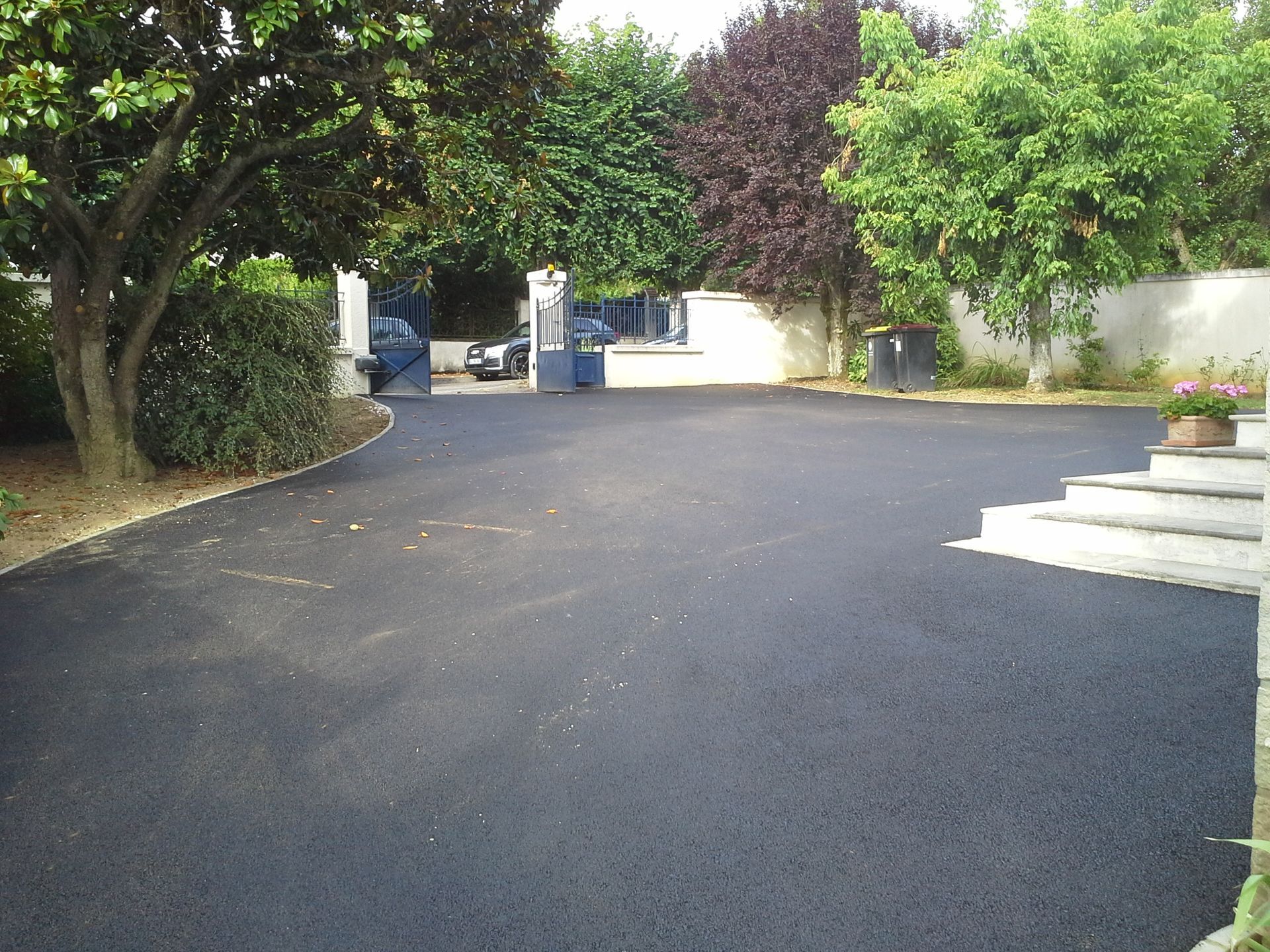 Allée en asphalte noir menant à un portail avec une voiture, entourée d'arbres et d'arbustes.