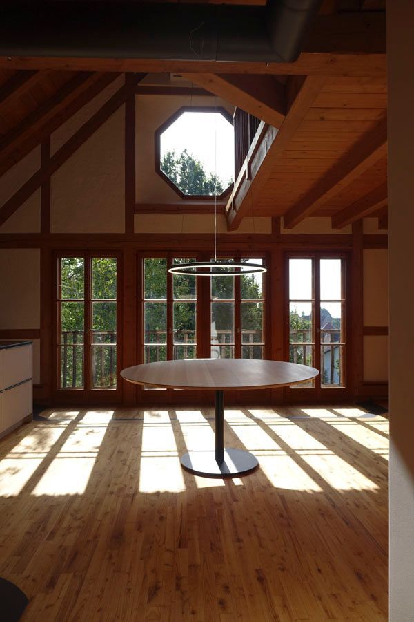 Ein runder Tisch in einem Raum mit vielen Fenstern