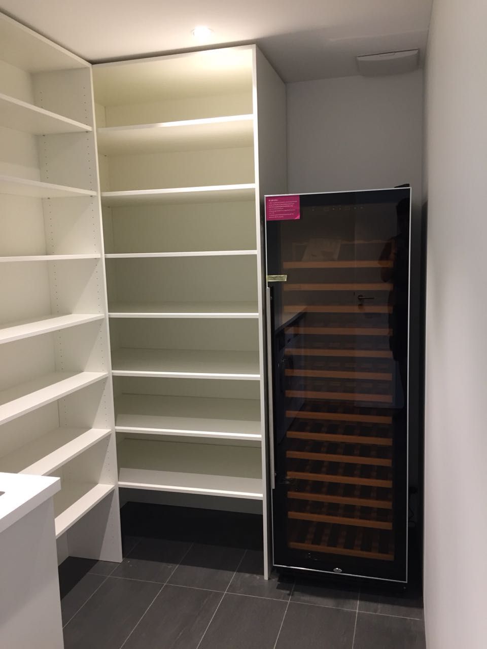 Ein Schrank mit Regalen und einem Weinkühler