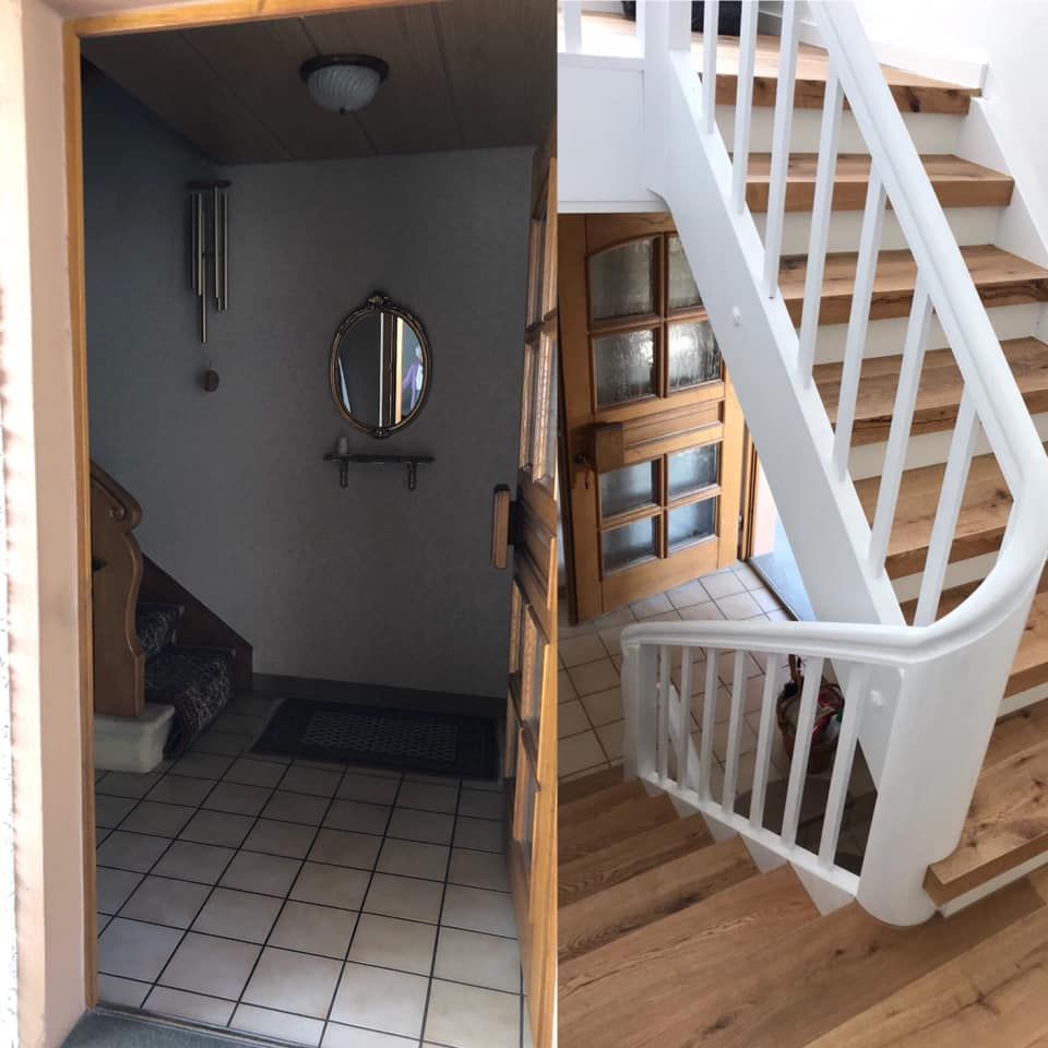 Ein Bild von einem Flur und ein Bild von einer Treppe