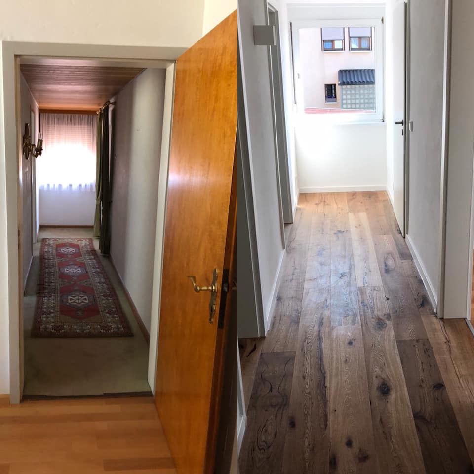 Ein Vorher-Nachher-Foto eines Flurs mit Hartholzböden