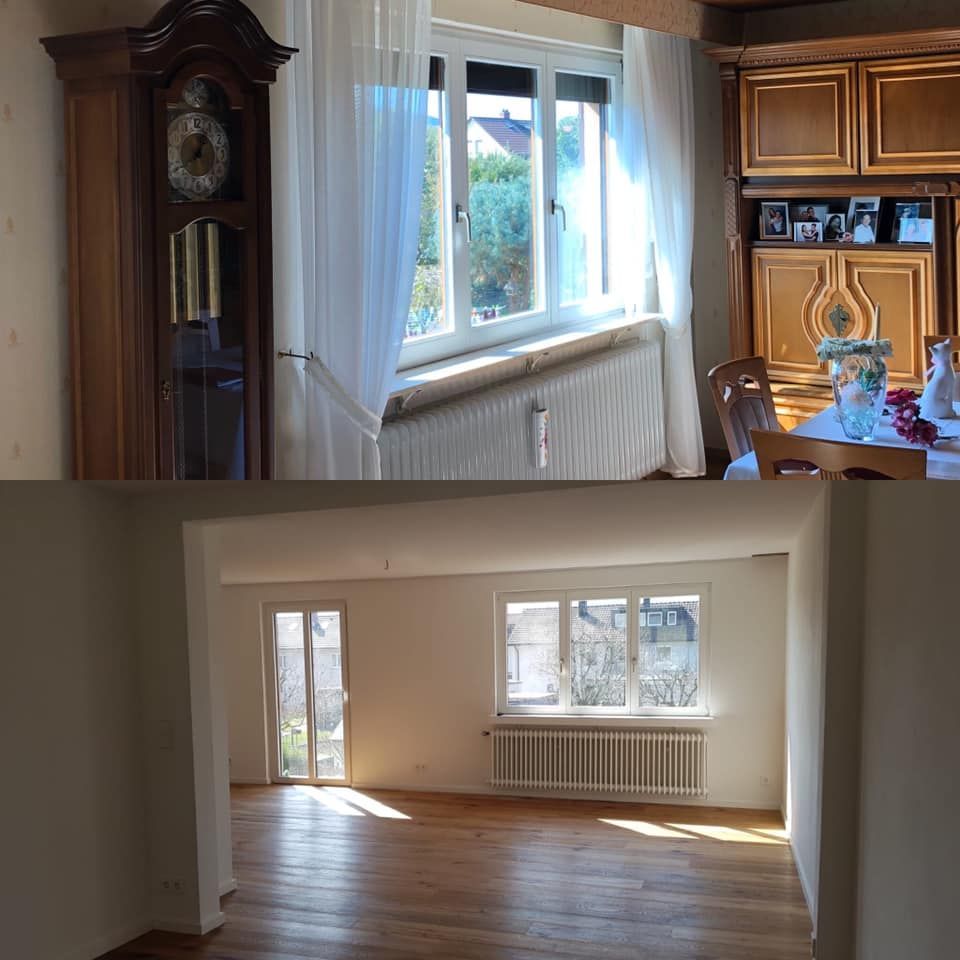 Zwei Bilder von einem Wohnzimmer und einem Esszimmer