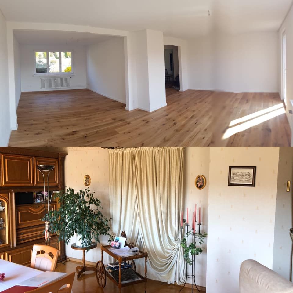 Ein Vorher-Nachher-Foto eines Wohnzimmers