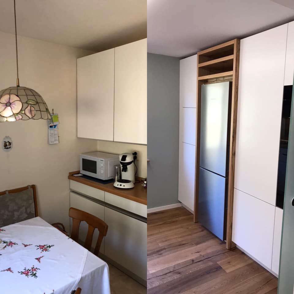 Ein Vorher-Nachher-Foto einer Küche mit Tisch und Stühlen