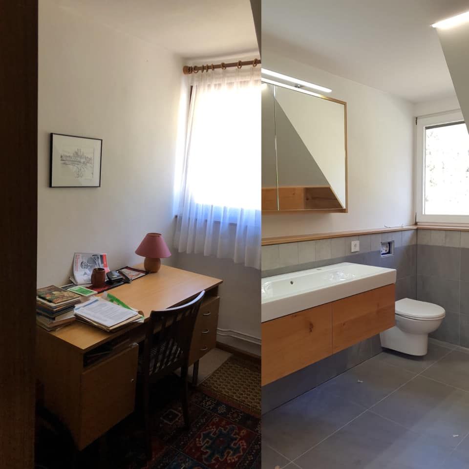 Ein Zimmer mit Schreibtisch und ein Badezimmer mit Toilette