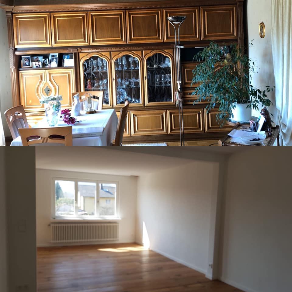 Ein Vorher-Nachher-Foto eines Wohnzimmers mit Tisch und Stühlen