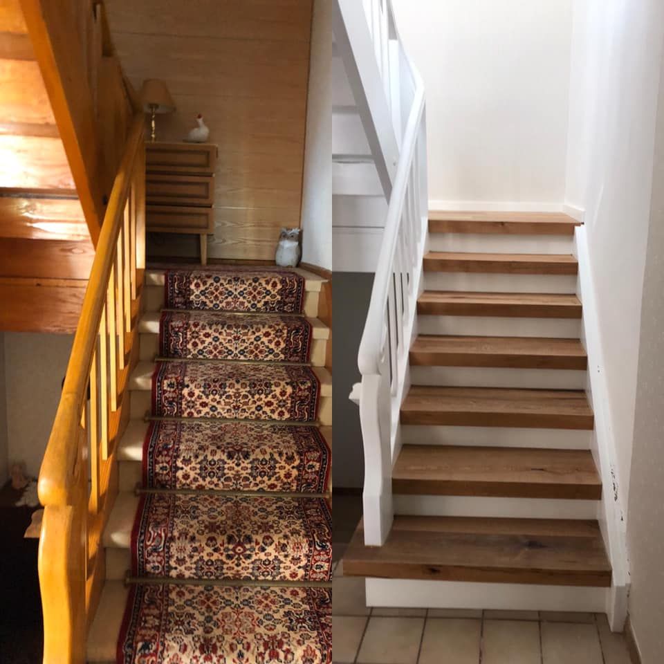 Ein Vorher-Nachher-Foto einer Treppe mit einem Teppich auf den Stufen