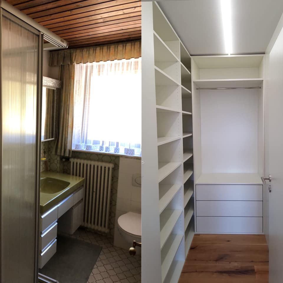 Ein Badezimmer und ein begehbarer Kleiderschrank sind nebeneinander abgebildet.