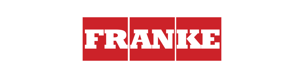 Ein rot-weißes Franke-Logo auf weißem Hintergrund