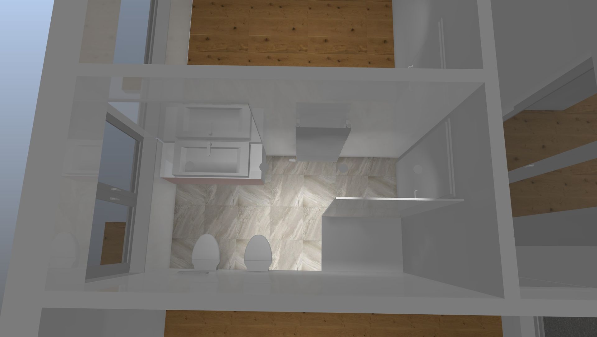 Eine 3D-Darstellung eines Badezimmers in einem Gebäude mit Toilette und Waschbecken.